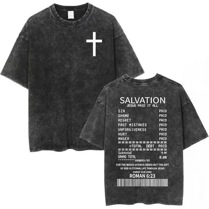 Salvation Jesus Paid It All Vintage Washed T Shirts Christian Bible Verse T-shirts Men Women Fashion Oversized Cotton Tshirts