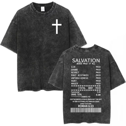 Salvation Jesus Paid It All Vintage Washed T Shirts Christian Bible Verse T-shirts Men Women Fashion Oversized Cotton Tshirts