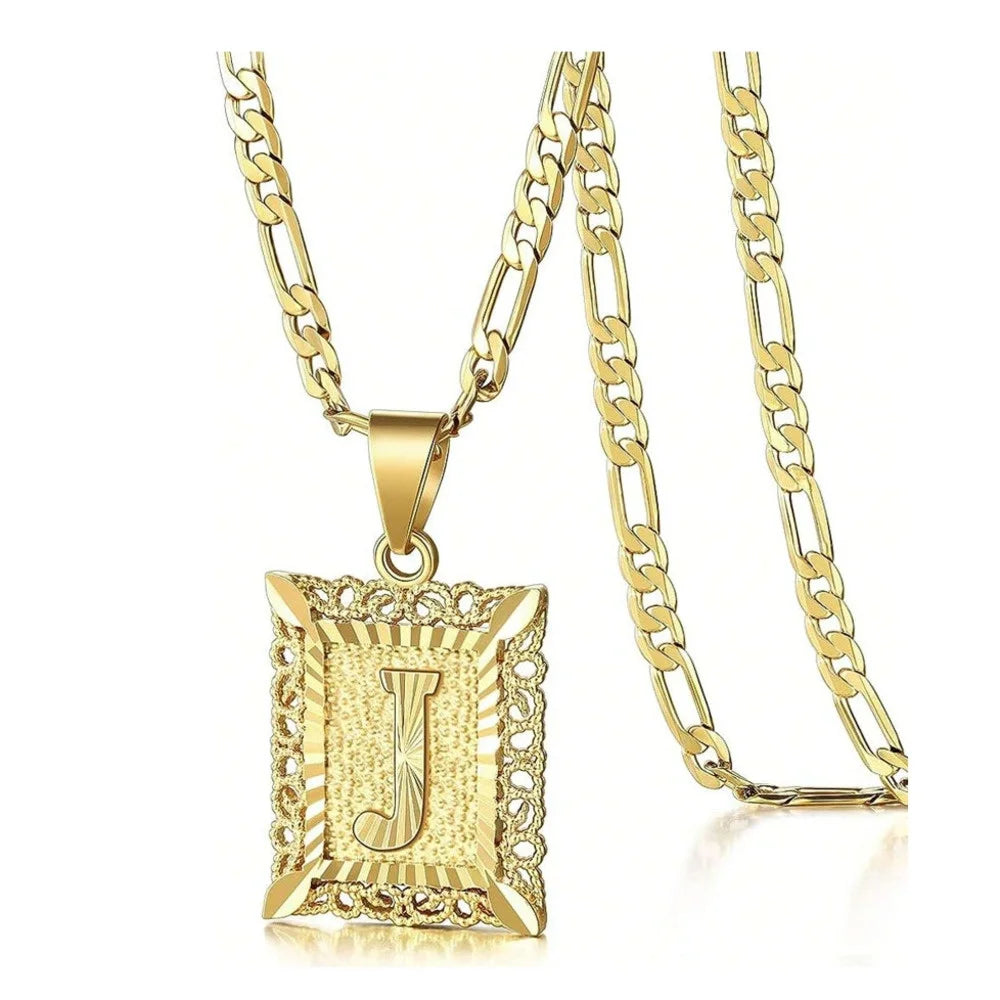 Initial Necklace Square Letter Pendant Necklace Capital Monogram Necklace Alhpabets From A-Z Figaro Chain Necklace