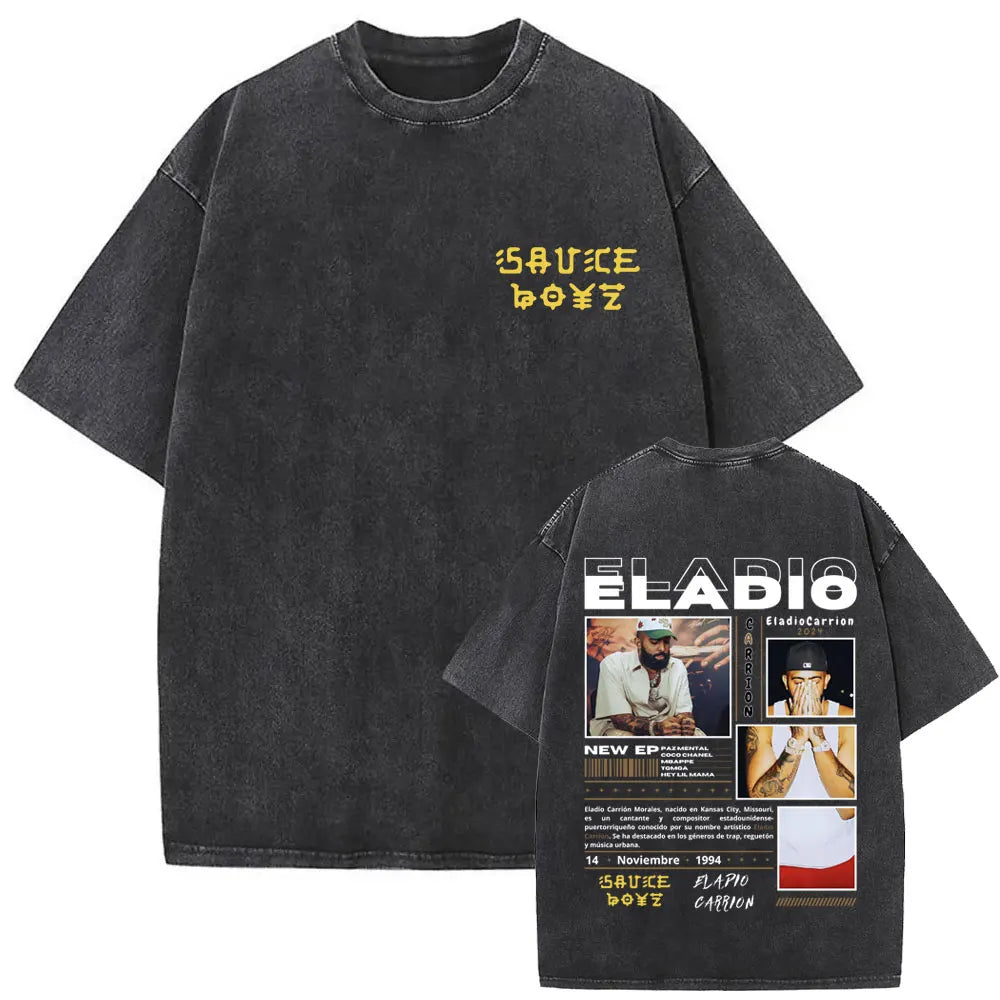Limited Rapper Eladio Carrion Album Cover Washed Vintage T-shirt Summer Men Women Hip Hop Oversized Street Crewneck T Shirt Tops
