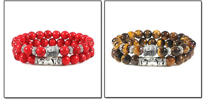 2pcs/set Buddha Head Bracelet for Women Men Natural Tiger Eye Lava Stone Yoga Beads Distance Bracelets Charm Couple Jewelry Gift