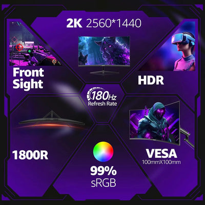 32 Inch Curved Gaming Monitor, 180Hz 1500R QHD (2560x1440) 2K Computer Monitor with FreeSync, DisplayPort, HDMI, Wall Mountable