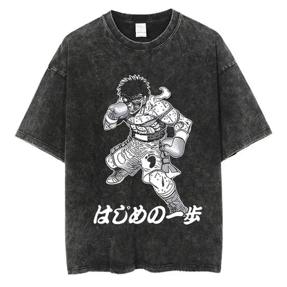 Vintage Cotton Washed T-Shirt Anime Hajime No Ippo Kamogawa Boxing Gym Loose T Shirts Men Women Y2K Hip Hop Summer Top Tee