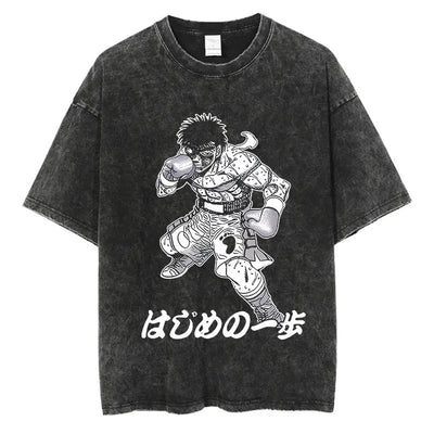 Vintage Cotton Washed T-Shirt Anime Hajime No Ippo Kamogawa Boxing Gym Loose T Shirts Men Women Y2K Hip Hop Summer Top Tee