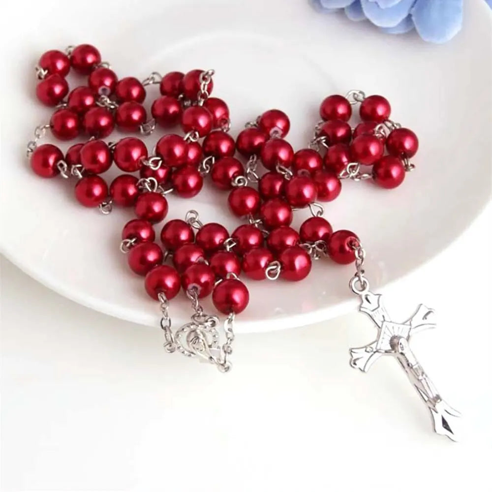 1pcs Handmade Necklace Ladies Imitation Vintage Style Pearl Rosary Beads With Cross Pendant Jewelry