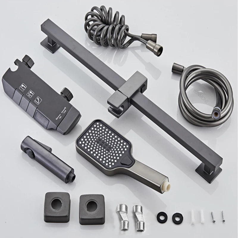 Modern Shower System Full Set Grey 2 Way Piano Keys Bathroom Shower Set Wall Mounted Brass Bathtub Digital Display Shower Faucet