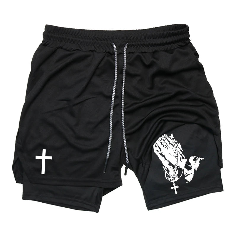 Print 2 in 1 Running Workout Shorts for Men Christian Gym Athletic Performance Shorts with Phone Pocket Towel Loop Activewear