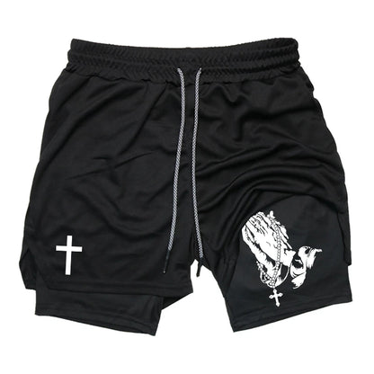 Print 2 in 1 Running Workout Shorts for Men Christian Gym Athletic Performance Shorts with Phone Pocket Towel Loop Activewear