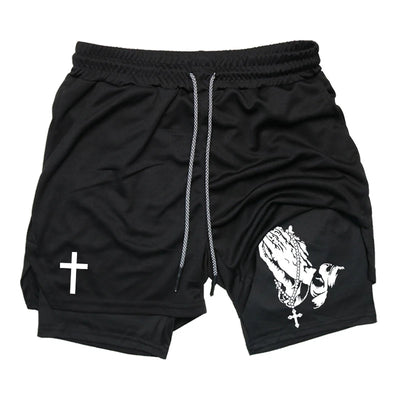 Print 2 in 1 Running Workout Shorts for Men Christian Gym Athletic Performance Shorts with Phone Pocket Towel Loop Activewear