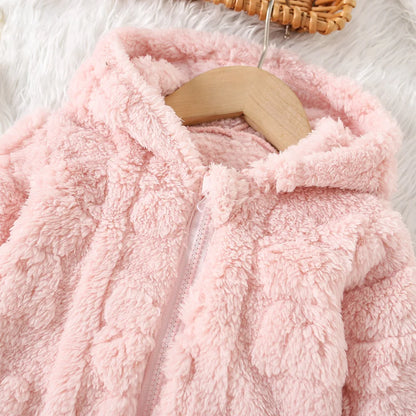 Baby Girl Princess Pink Fleece Jacket With Love Pattern Toddler Child Warm Coat Hooded Outwear Winter Baby Clothes