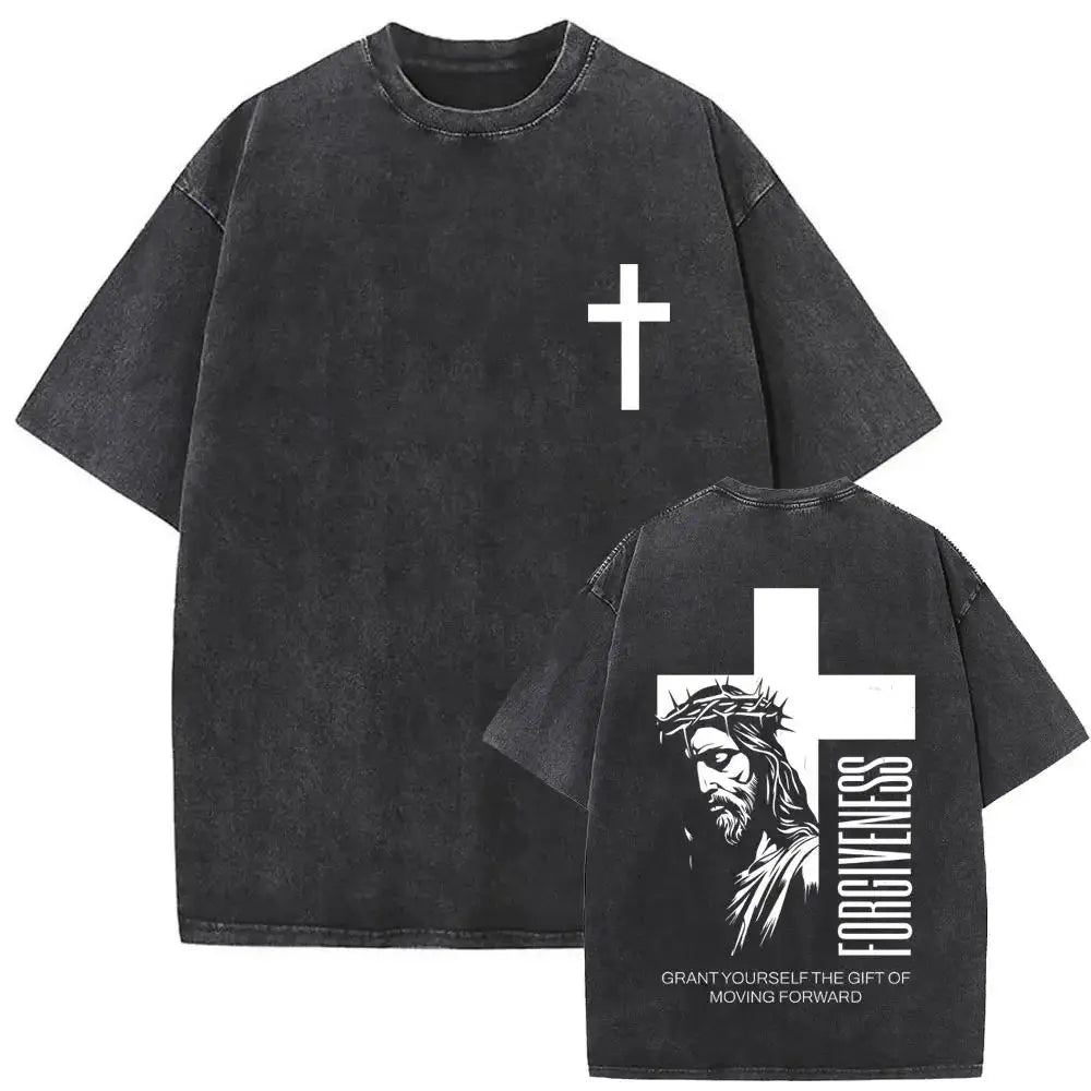 Christian Religious Jesus Forgive Them Father Vintage Washed Y2k Tshirt Men Clothing New in Top & Tees Mens T-Shirt 61327