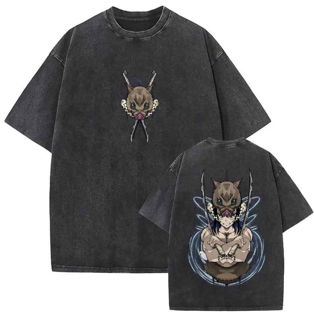 Washed Vintage Anime Demon Slayer Akaza Butterfly Eyes Graphic T Shirts Men Women Cartoon Manga Merch T-shirt Male Cotton Tshirt