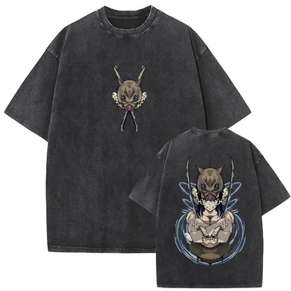 Washed Vintage Anime Demon Slayer Akaza Butterfly Eyes Graphic T Shirts Men Women Cartoon Manga Merch T-shirt Male Cotton Tshirt