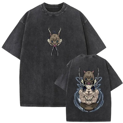 Washed Vintage Anime Demon Slayer Akaza Butterfly Eyes Graphic T Shirts Men Women Cartoon Manga Merch T-shirt Male Cotton Tshirt