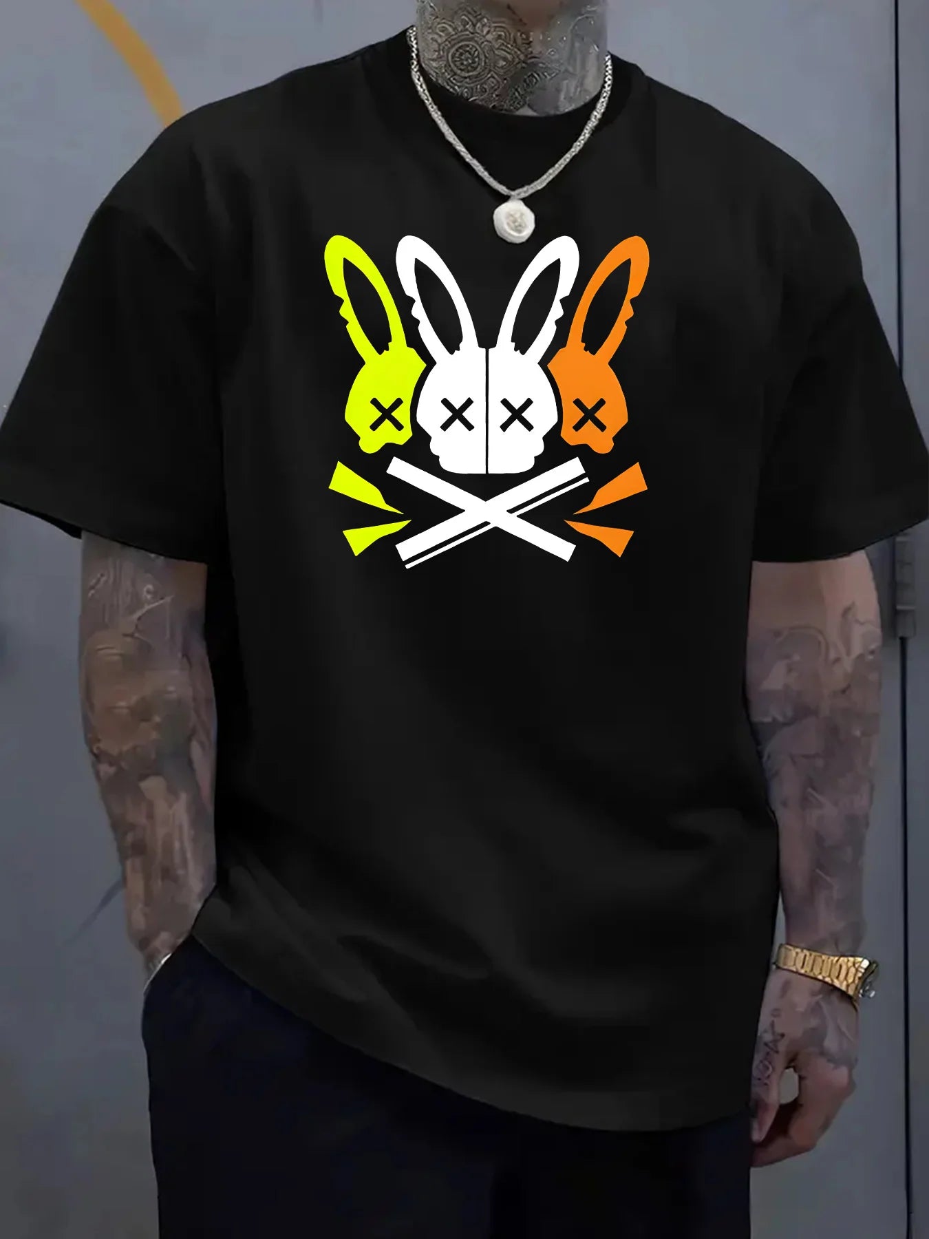 Men's casual round neck T-shirt with unique rabbit skull pattern - the perfect choice for summer