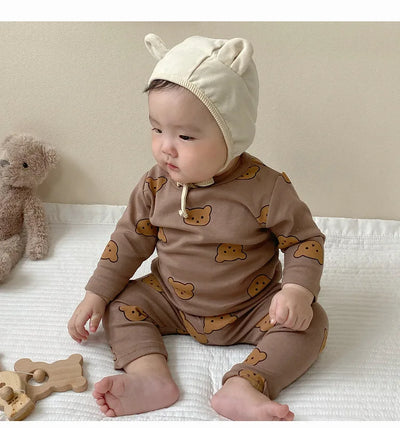 0-3Y High Waist Unisex Baby Pajama Suit Toddler Boys Cute Bear Sleep Wear Infant Pajama Girls Cartoon Print Night Wear
