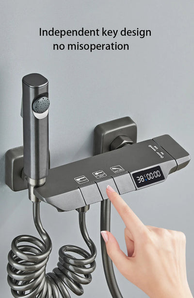 Modern Shower System Full Set Grey 2 Way Piano Keys Bathroom Shower Set Wall Mounted Brass Bathtub Digital Display Shower Faucet