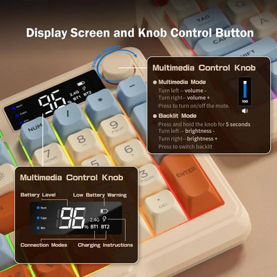 ZIYOU LANG Wireless Gaming Keyboard with Display Screen & Knob, Bluetooth/2.4GHz Quiet Membrane Keyboard, 3000mAh Rechargeable