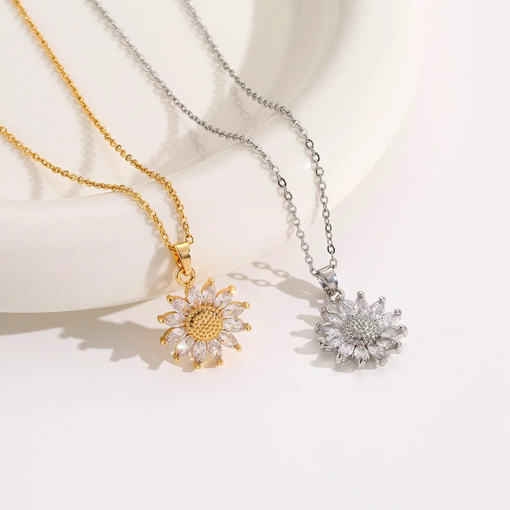 Classic Sunflower Cubic Zirconia Pendant Necklaces For Women Gold Color Alloy Rotate Necklace Daily Jewelry