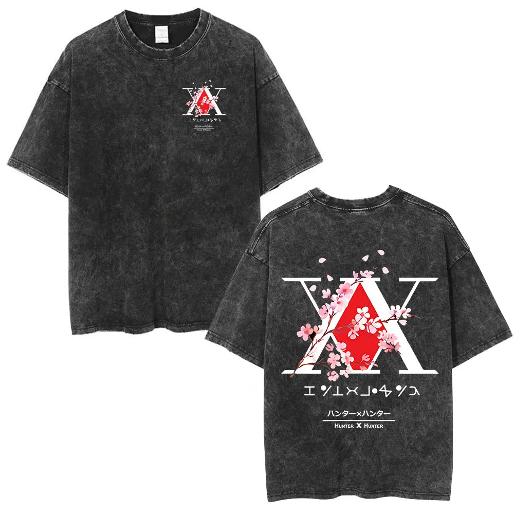 Anime Hunter X Hunter Logo Vintage Washed T Shirt Killua Gon Cherry Blossom Graphic T-shirt Men Fashion Casual Oversized Tshirt