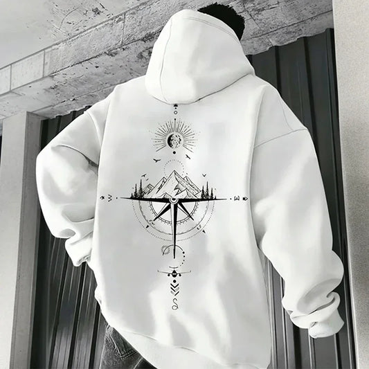 Vintage Compass Print Hoodies for Men High Quality Hooded Long Sleeve Pullover All Season Daily Casual Sports Tops Men's Clothes
