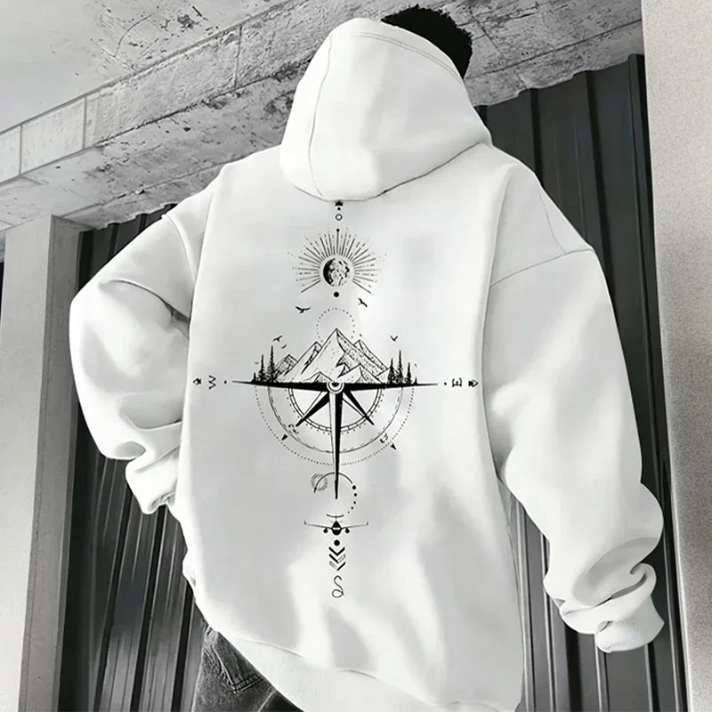 Vintage Compass Print Hoodies for Men High Quality Hooded Long Sleeve Pullover All Season Daily Casual Sports Tops Men's Clothes