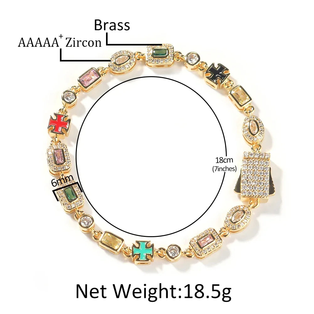 6mm Multicolor Gemstone Tennis Chain Bracelet for Women Men Iced Out Round/Square CZ Enameled Cross Bracelet Fashion Jewelry