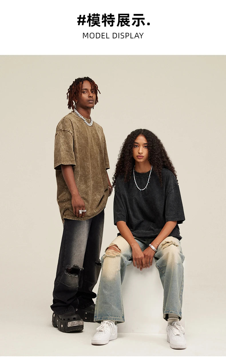 Customized logo T-shirt, handmade image oversized T-shirt, heavy washed retro T-shirt, hip-hop style casual wear, 100% pure cott