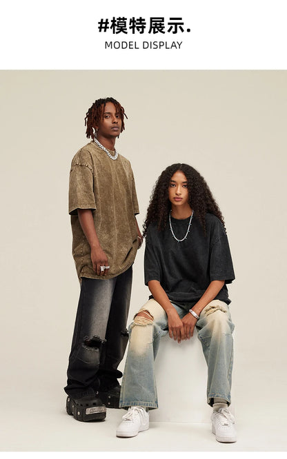 Customized logo T-shirt, handmade image oversized T-shirt, heavy washed retro T-shirt, hip-hop style casual wear, 100% pure cott