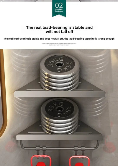 Bathroom Stainless Triangle Drain Shelf No Drilling Wall Mounted Cosmetic and Toiletries Carbon Steel Shelf with Hooks Holder