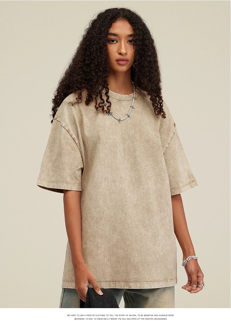 Customized logo T-shirt, handmade image oversized T-shirt, heavy washed retro T-shirt, hip-hop style casual wear, 100% pure cott