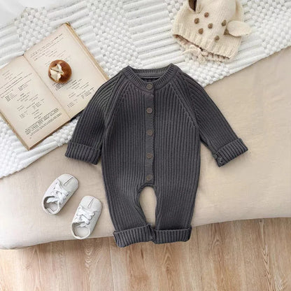 Baby Clothes Girl Boy Solid Color Knitted Romper 0-18M Baby Newborn Items Button Front Ribbed Long Sleeve Casual Autumn Jumpsuit