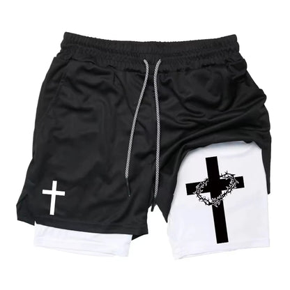 Summer New Cross Bible Printed Shorts: Unisex Double-Layer 2-in-1 Quick-Dry Sports & Fitness Pants, Beach Shorts RL10006
