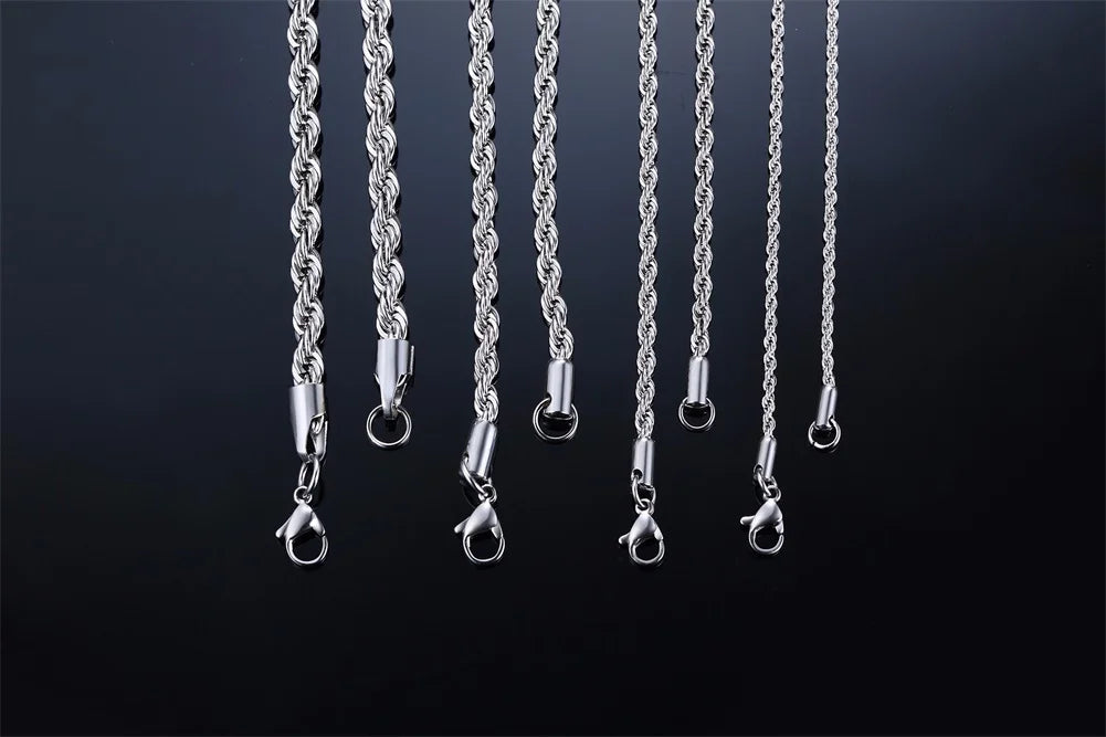 Ropes Long Necklace for Men Women,Stainless Steel Minimalist Twist Rope Chain Necklace,Punk Gold Silver Black Color 2 TO 5mm