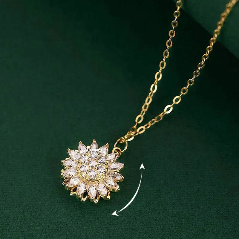 Classic Sunflower Cubic Zirconia Pendant Necklaces For Women Gold Color Alloy Rotate Necklace Daily Jewelry