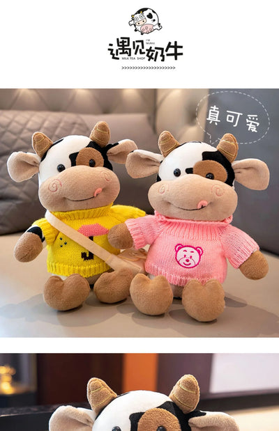26CM Simulation Cattle Animals Plush Toys Cartoon Milk Cow Plush Doll Soft Stuffed Sweater Cow Pillow Home Decoration Toy