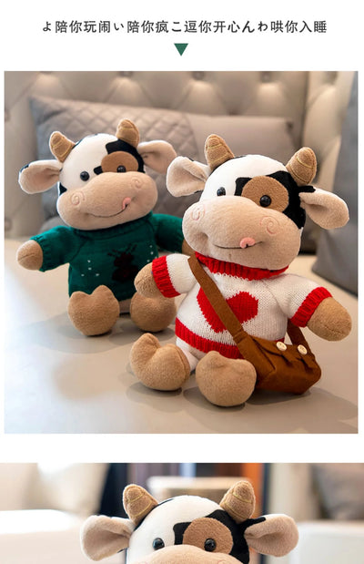 26CM Simulation Cattle Animals Plush Toys Cartoon Milk Cow Plush Doll Soft Stuffed Sweater Cow Pillow Home Decoration Toy