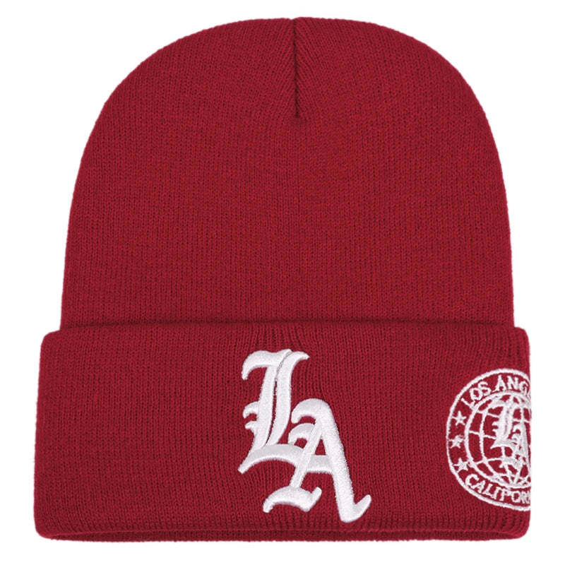 2025 New Men's LA Letter Side Embroidered Earth Knitted Hat Winter Warm Outdoor Sports Hat Soft Bean Hat Women's Casual Wool Hat