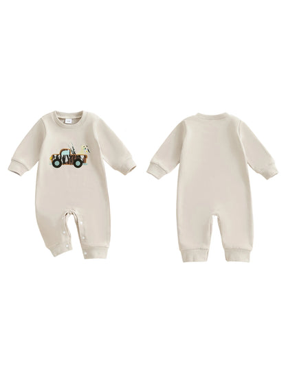 Adorable Toddler Dinosaur Print Hooded Romper Cozy Long Sleeve Jumpsuit for Baby Boys Cute Fall Outfit