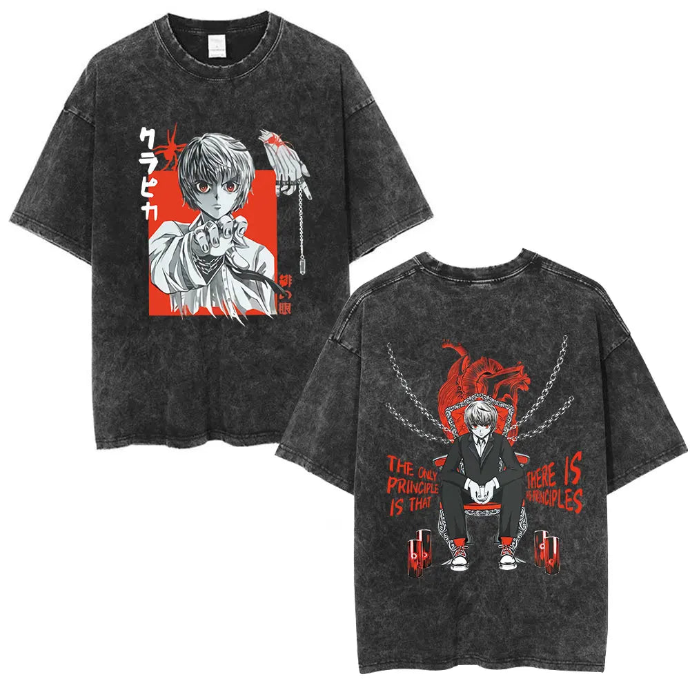 Anime Hunter X Hunter Logo Vintage Washed T Shirt Killua Gon Cherry Blossom Graphic T-shirt Men Fashion Casual Oversized Tshirt