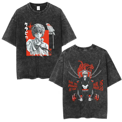 Anime Hunter X Hunter Logo Vintage Washed T Shirt Killua Gon Cherry Blossom Graphic T-shirt Men Fashion Casual Oversized Tshirt