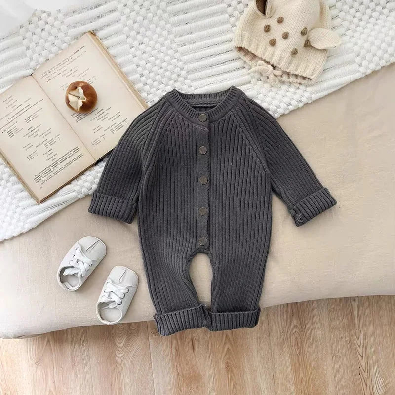 Baby Clothes Girl Boy Solid Color Knitted Romper 0-18M Baby Newborn Items Button Front Ribbed Long Sleeve Casual Autumn Jumpsuit