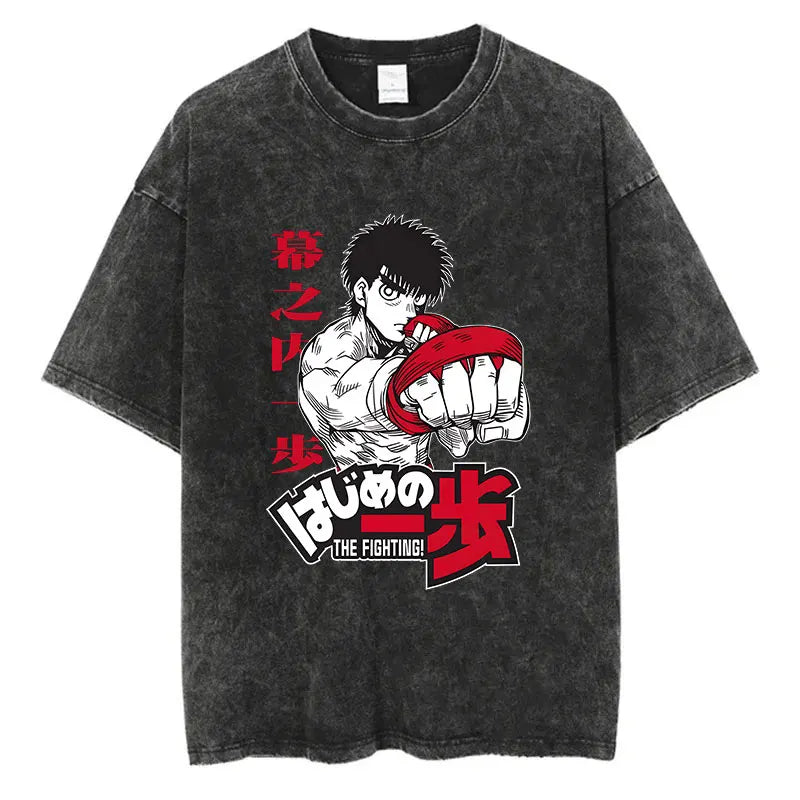 Vintage Cotton Washed T-Shirt Anime Hajime No Ippo Kamogawa Boxing Gym Loose T Shirts Men Women Y2K Hip Hop Summer Top Tee