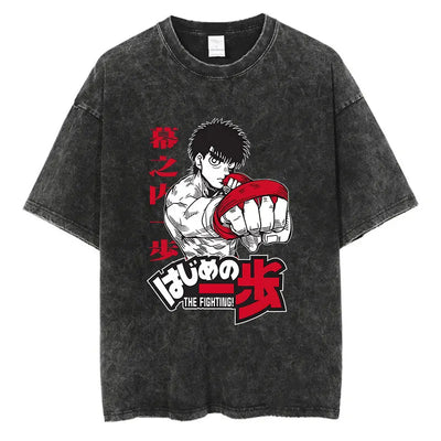 Vintage Cotton Washed T-Shirt Anime Hajime No Ippo Kamogawa Boxing Gym Loose T Shirts Men Women Y2K Hip Hop Summer Top Tee