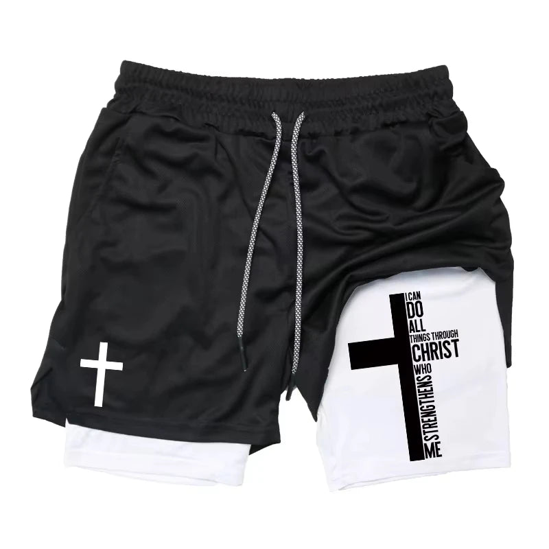 Summer New Cross Bible Printed Shorts: Unisex Double-Layer 2-in-1 Quick-Dry Sports & Fitness Pants, Beach Shorts RL10006