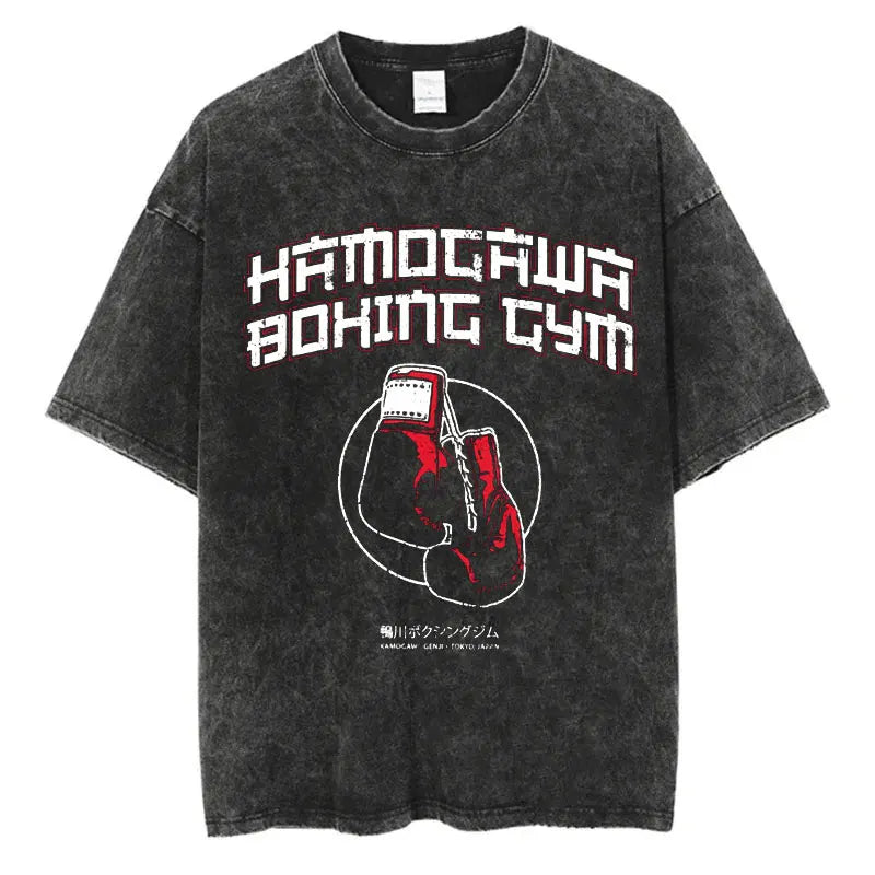 Vintage Cotton Washed T-Shirt Anime Hajime No Ippo Kamogawa Boxing Gym Loose T Shirts Men Women Y2K Hip Hop Summer Top Tee