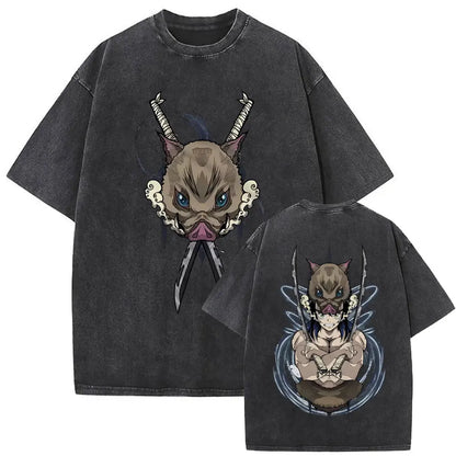 Washed Vintage Anime Demon Slayer Akaza Butterfly Eyes Graphic T Shirts Men Women Cartoon Manga Merch T-shirt Male Cotton Tshirt