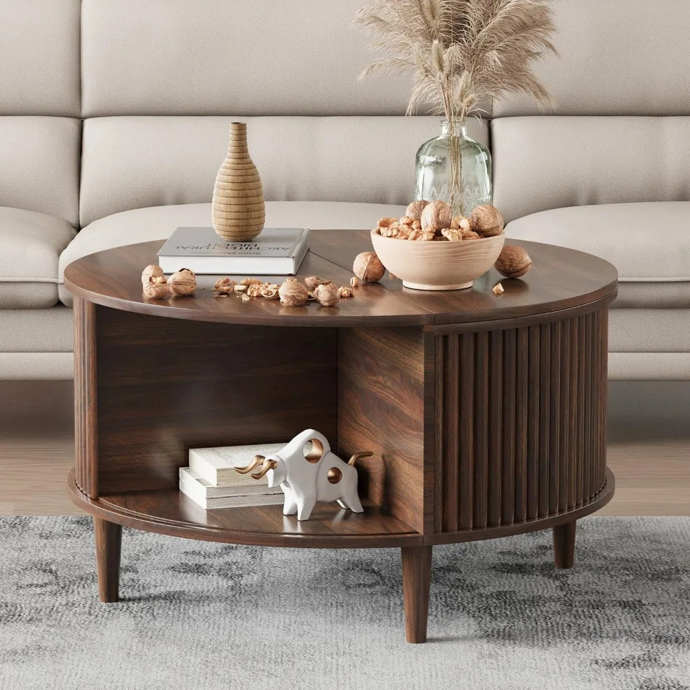 Round Coffee Table with Storage, Fluted Lift Top Coffee Table for Living Room, 31.5 Mid Century Modern Center Table with Sliding