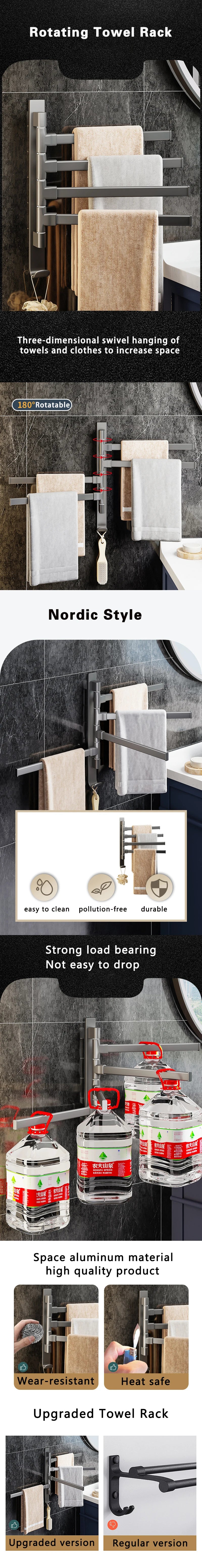 Bathroom Towel Rack Rotatable Towel Holder Space Aluminum 2/3/4/5-Bar Towel Hanger Kitchen Shelf Paper Hanging Wall Mounted