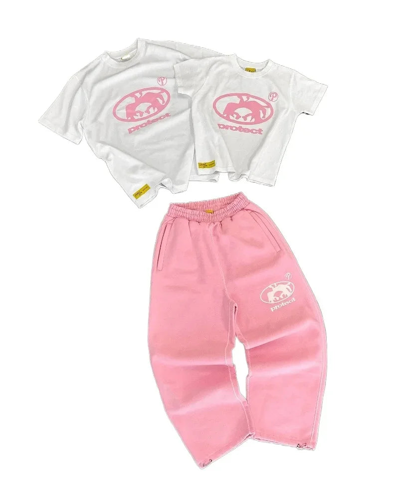 Trendy Two Piece Set Fashion Cartoon Embroidered Loose Sweatpants Men Clothing Y2K Harajuku Hip Hop Casual Quick Drying T shirt